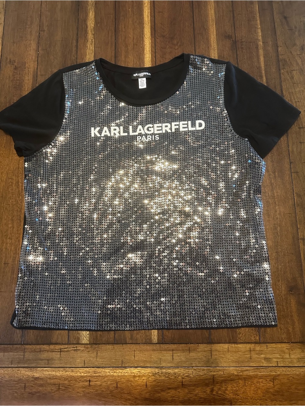 Karl Lagerfeld Black Sequin Front Logo Tee